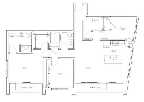 Floor plan for 3 beds, 2 baths, 1445 sqft